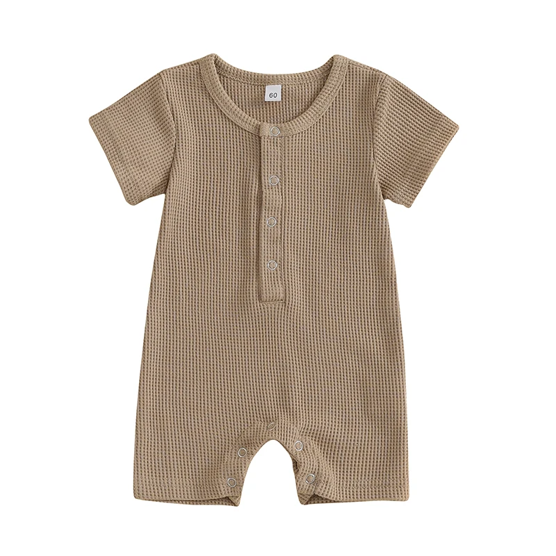 

Baby Boys Waffle Jumpsuit Casual Summer Solid Color Button Short Sleeve Romper for Newborn Infant Cute Clothes