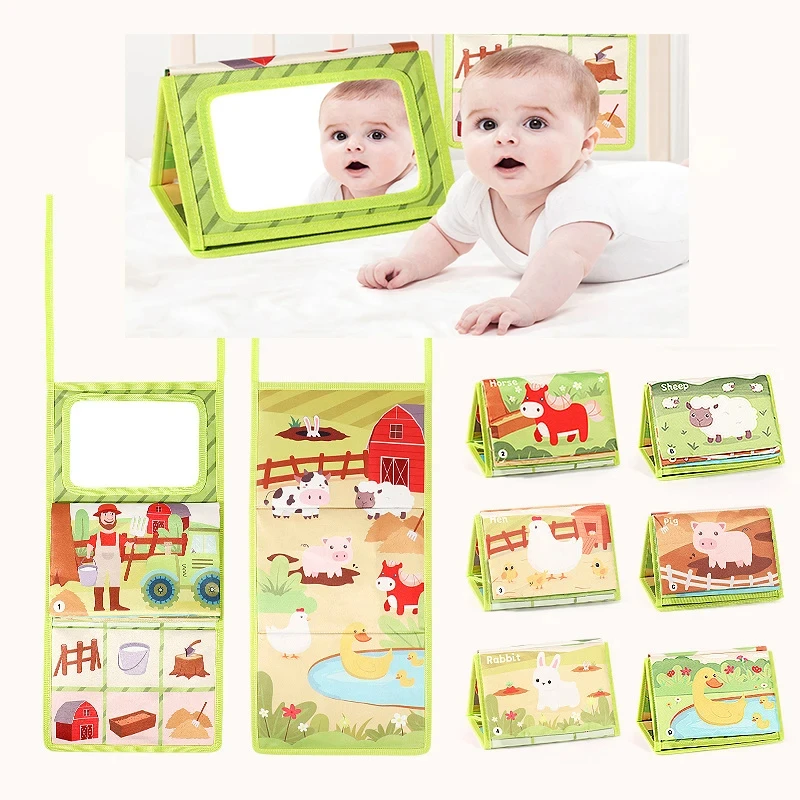 

Baby Cloth Book with Mirror Tummy Time Toys Montessori Development Crawl Toys Black White High Contrast Sensory Books for Babies