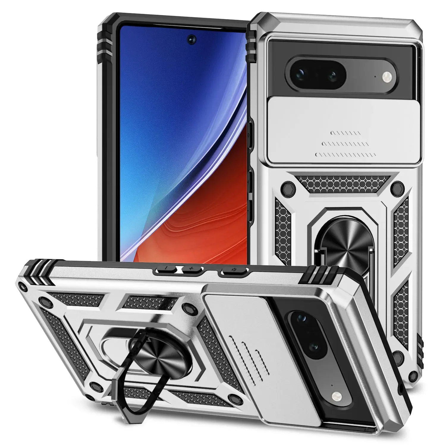 Durable Ring Holder Armor Shockproof Case with Slide Lens Protector