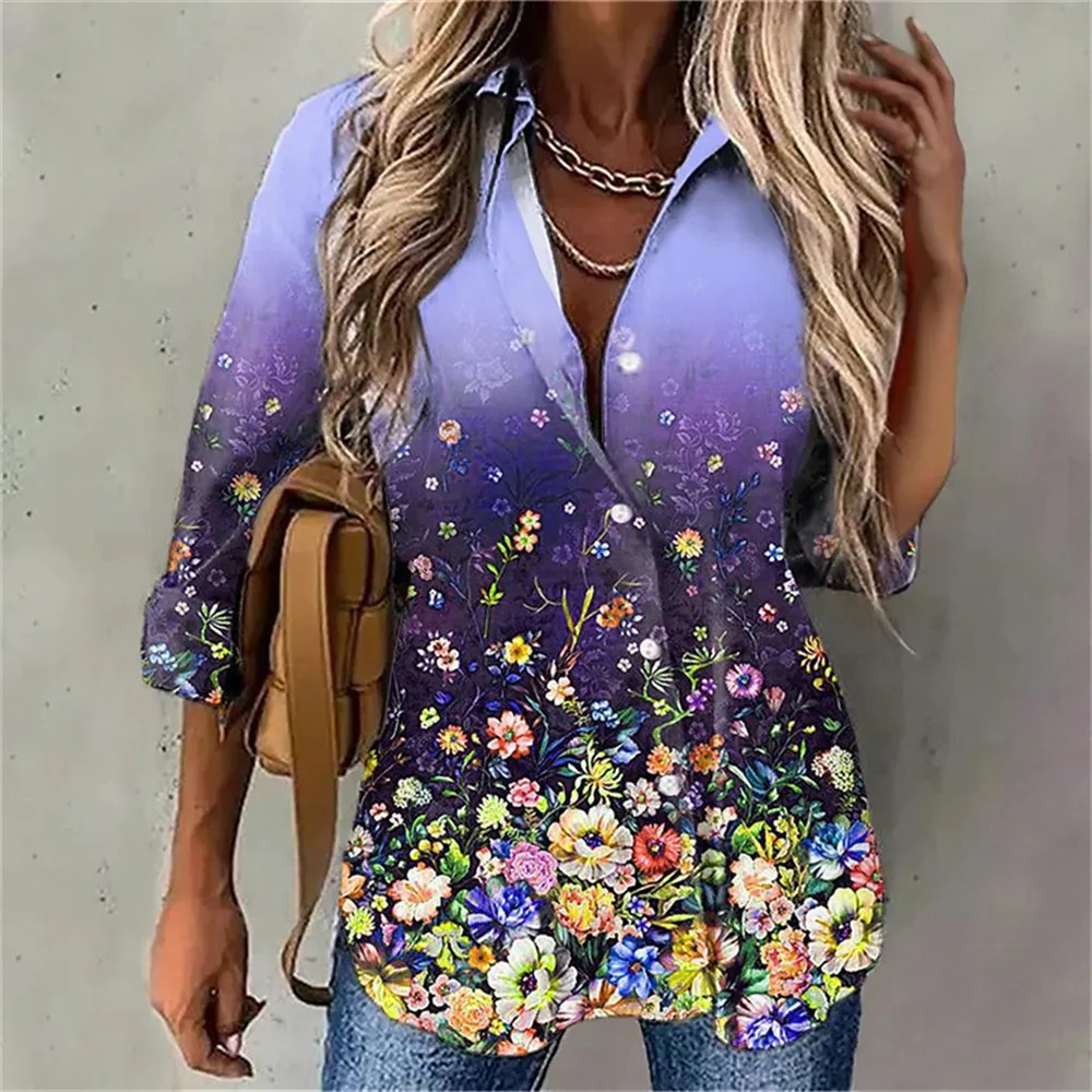 Fashion Gradient Flora Printed Shirt Women Casual Lapel Long Sleeve Single Breasted Blouse 2022 New Spring Lady Oversize Tops