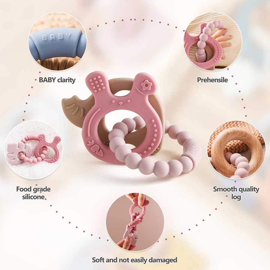 1Pc Baby Silicone Teether Toys BPA Free Silicone Bracelet Rabbit Teething Toys Wooden Ring Nursing Tooth for Newborn Gift