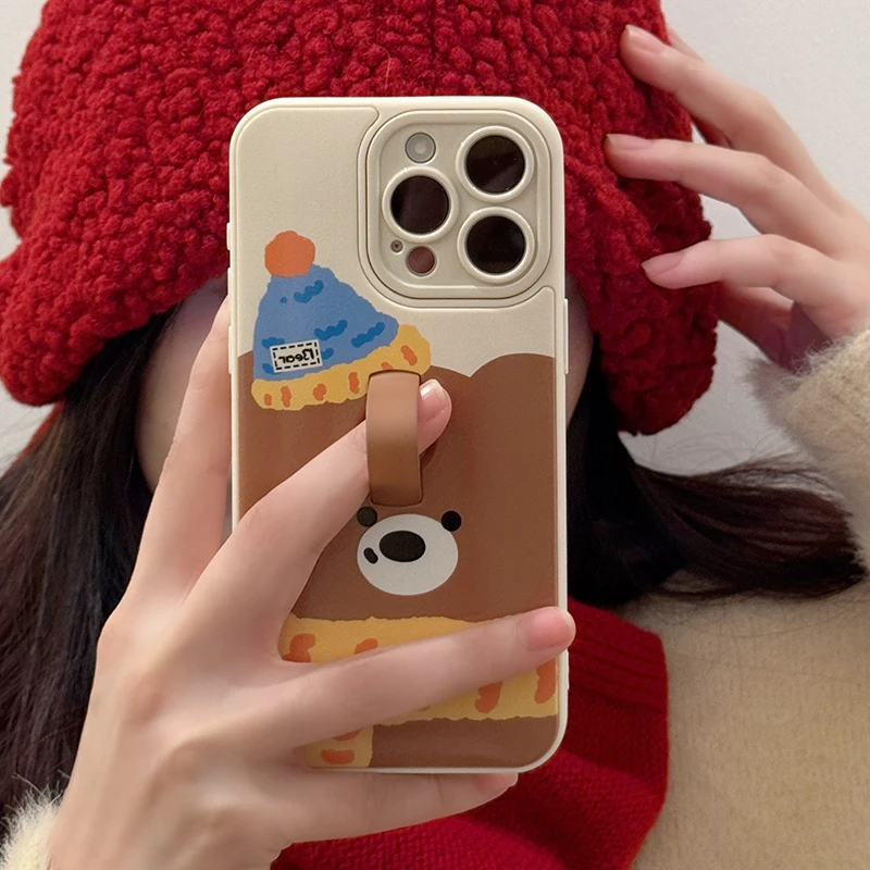 Cartoon Cute Bear Dog Ring Holder Phone Case For iPhone 16 15 13 14 Pro Max TPU Back Cover With Bracket