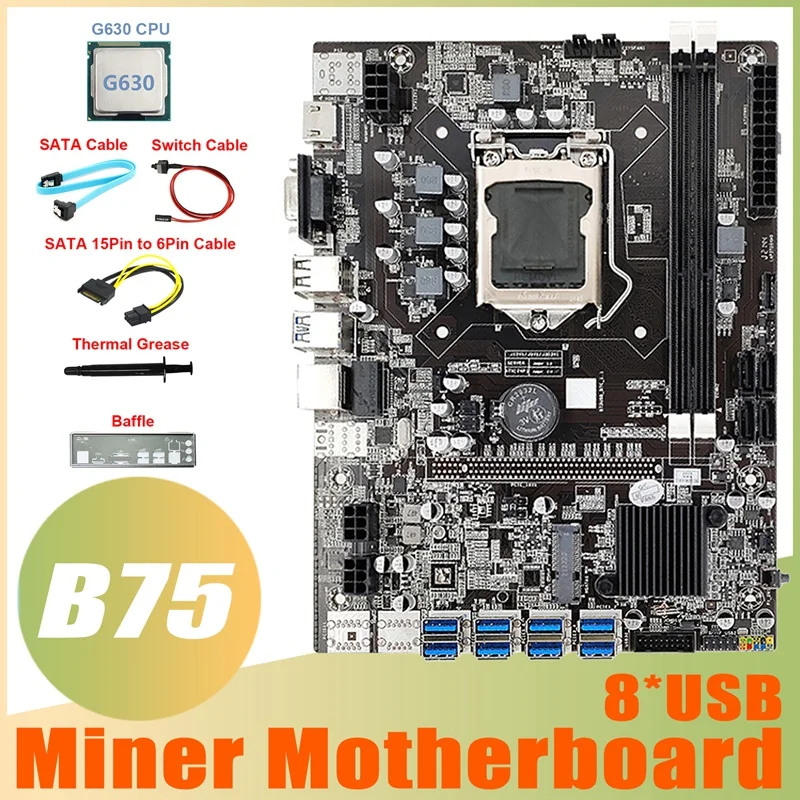 

Материнская плата B75 8USB BTC для майнинга + ЦП G630 + кабель SATA 15Pin-6Pin + кабель SATA + кабель переключателя + перегородка + термопаста Для ETH