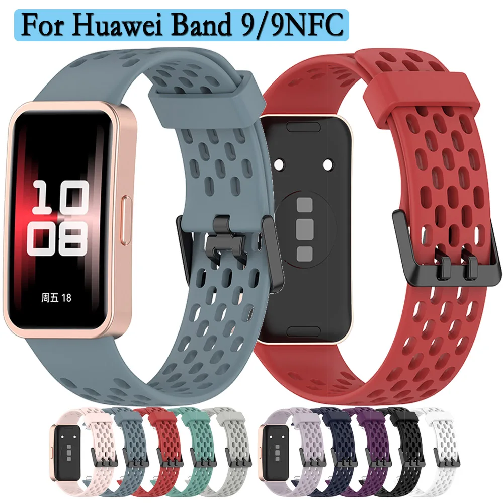 

Ремешок силиконовый для Huawei Band 9/ 9NFC, мягкий черный браслет с множеством отверстий, с пряжкой, для Huawei Band 8/ 8NFC