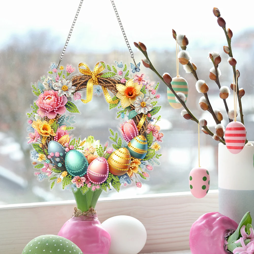 Acrylic Special Shape Easter Garland 5D DIY Diamond Painting Dots Pendant DIY Diamond Art Pendant Kit for Garden Window Decor