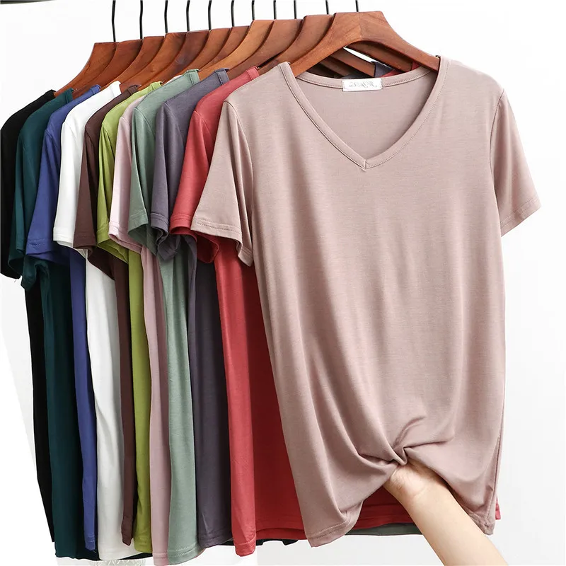 Summer V-neck Tshirt Elegant Tee tops Casual loose Bottoming T-shirts Solid color Fashion Top All match 2
