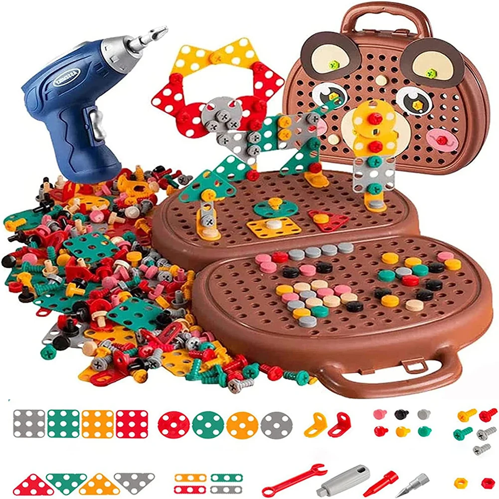 203 Pieces Children's Repair Toolbox Creative Mosaic Puzzle Toy With Electric Drill Screw Tool Set Kids DIY Learning Toys