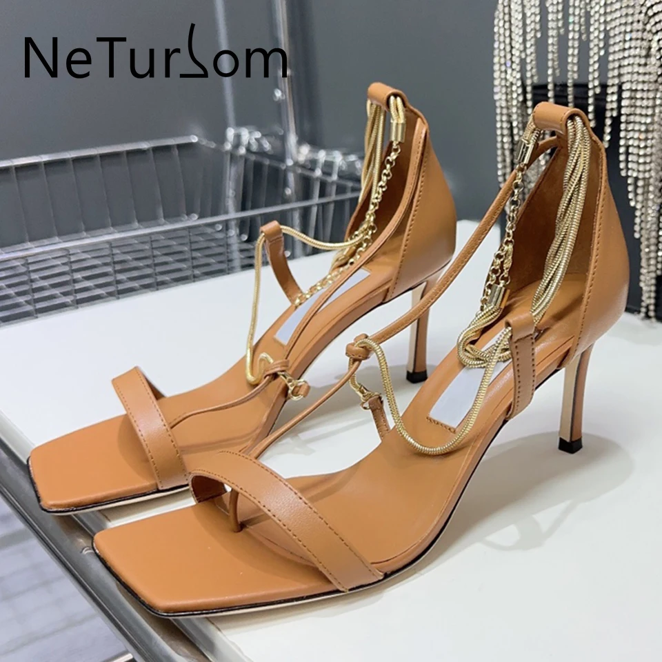 

Summer New Sexy Fashion Elegant Square Toe Feet Chain Pinch Toe Slim Heel Sandals Silk T-Band Women's Brand Open Toe High Heels
