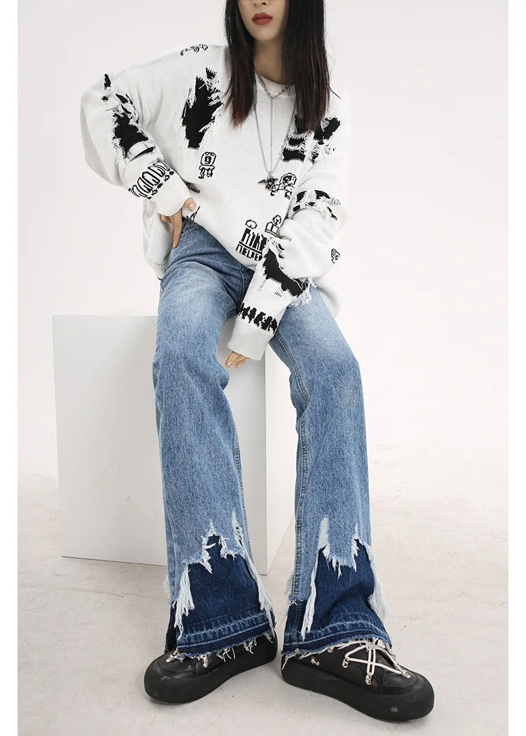 2022 High Street Women's Jeans Fashion Design Raw Edges Aesthetic Wide-Leg Pants High Waisted Denim 90s Slit Jeans
