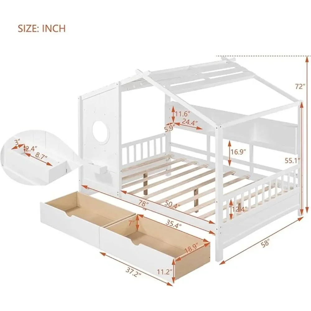 Bed for Kids Wooden Kids Bed with Storage Drawers and Bookshelf Built in Window Box Design Cute for Kids Toddler Boys Girls
