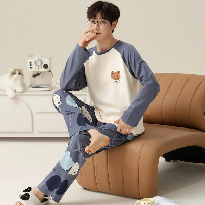 Sleepwear Men Spring Autumn Cotton Long-Sleeved Trousers Round Neck Pajamas Set Cartoon Youth Large Size Fashion Homewear Suit