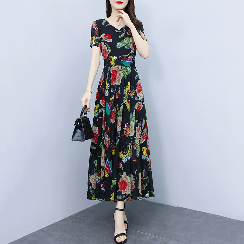 

2023 New Fashion Silk Printed Dress Women's Summer Versatile V-neck Short Sleeve Loose Fit Casual Holiday Dress Vestidos