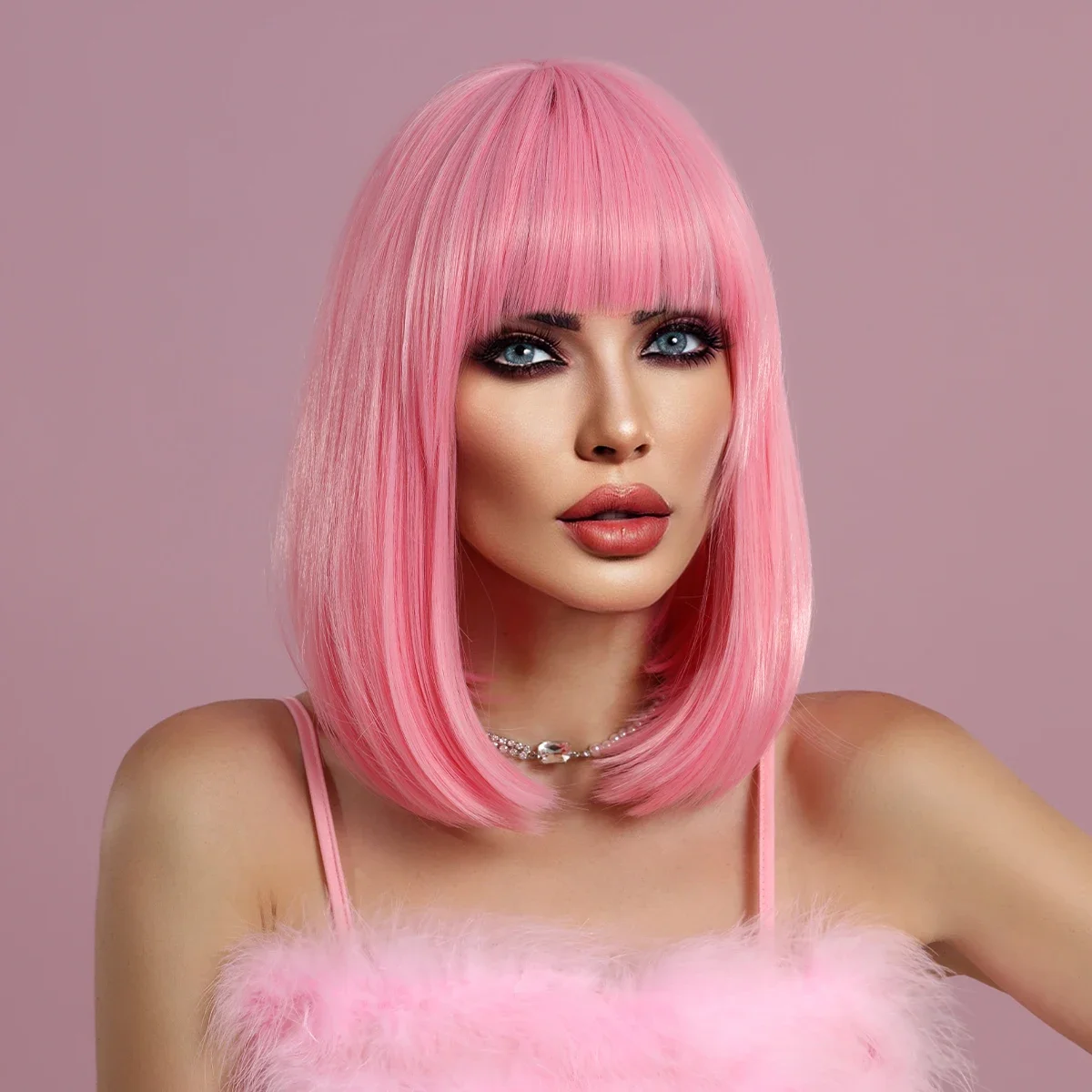 NAMM Short Straight Pink Wig for Woman Daily Party Cosplay Lolita Wig Natural Synthetic Bob Wig with Bangs Heat Resistant Fiber