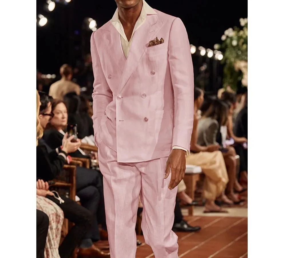 Summer Linen Double Breasted Men Suit Prom Party Slim Fit Blazer Hombre Stage Show High Quality Custom 2 Piece Set Costume Homme