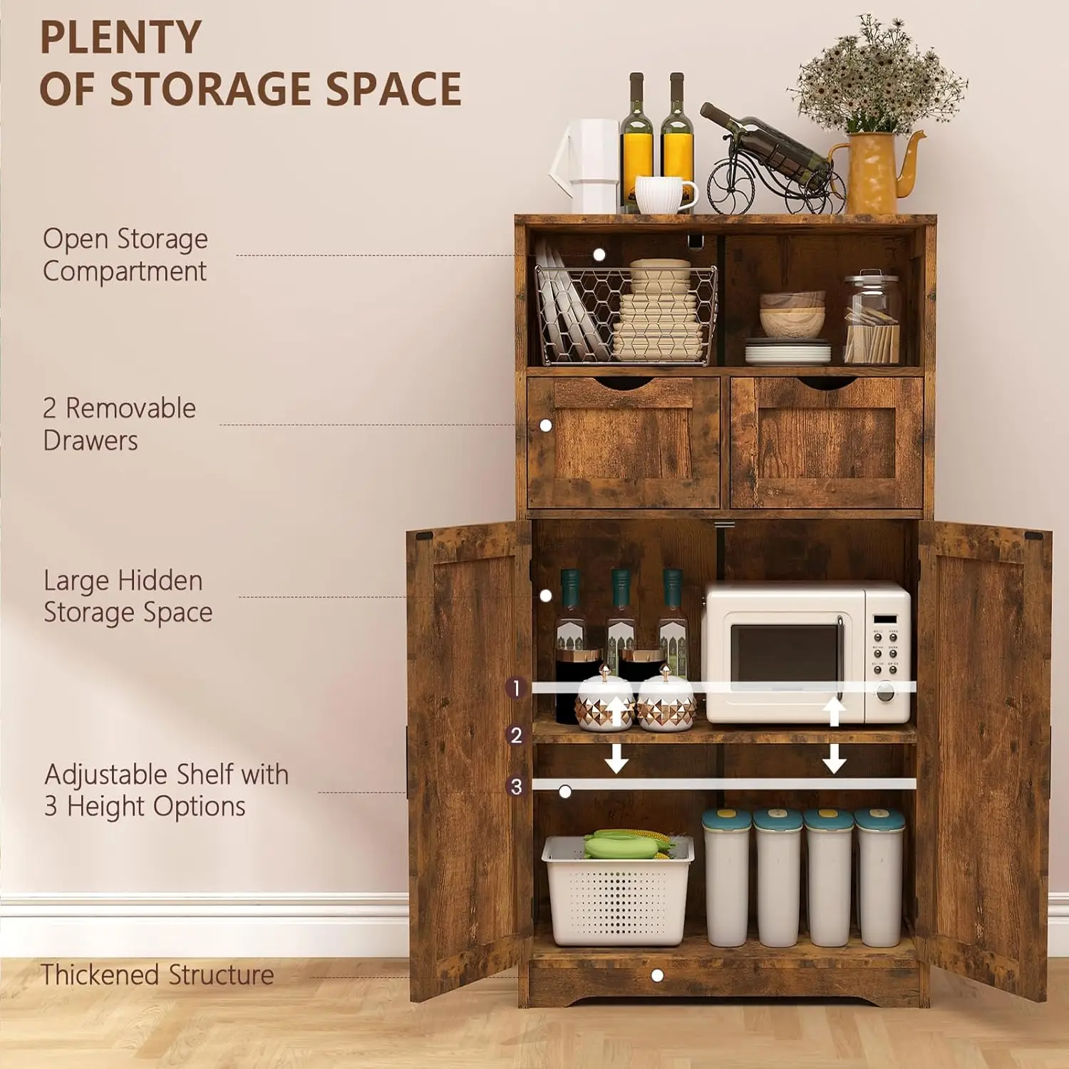 Farmhouse Storage Cabinet. Kitchen Cabinet with 2 Drawers & Shelf. Rustic Brown. For Living Room, Home Office, Kitchen.