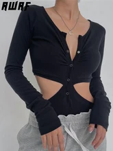 

AWAF Sexy Hollow Out Button Slim Bodysuit for Women Long Sleeves Backless Elasticity Bottoming Bodycon Exercise Female Rompers
