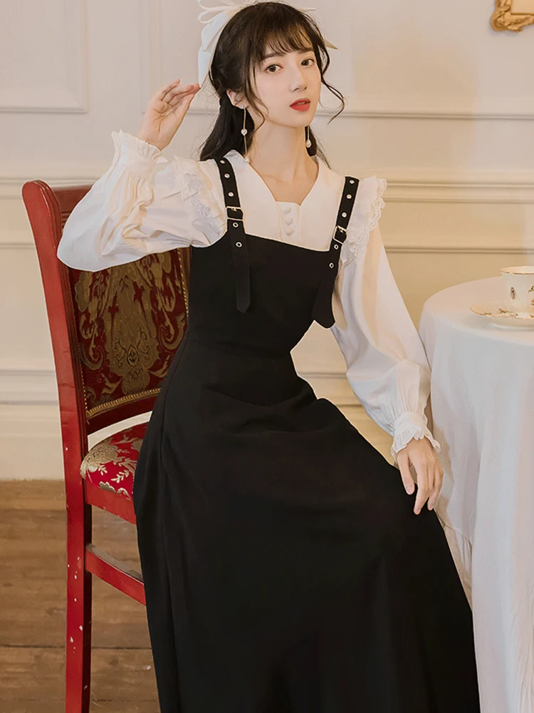 

Spring Autumn Black Suspender Dress 2PCS Set White Sweet Lace Peter Pan Collar Blouse High Waist Solid Sleevless Straight Dress