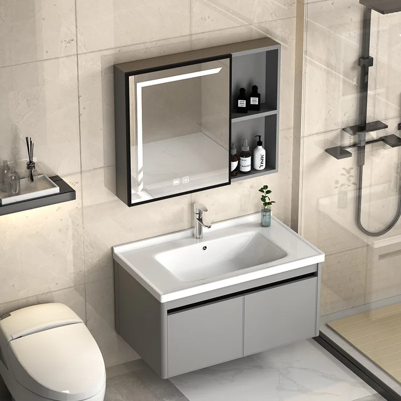 

Modern aluminum alloy slate bathroom cabinet bathroom washbasin cabinet combined washbasin ceramic integrated basin washstand