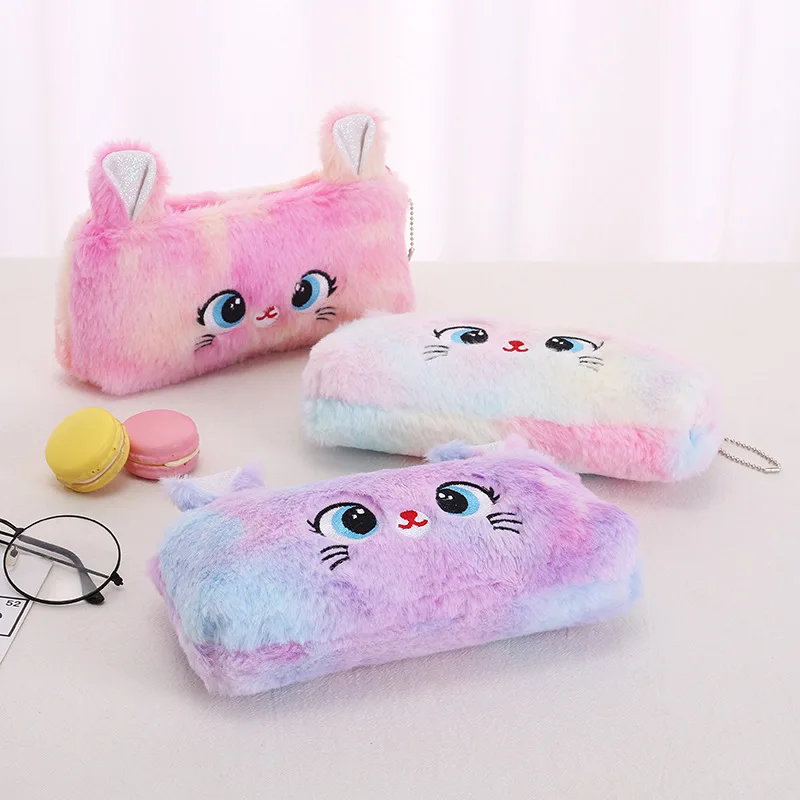 Pink kitten plush pen pouch cute stationery storage creative money bag school bag pendant fashion personality pouch