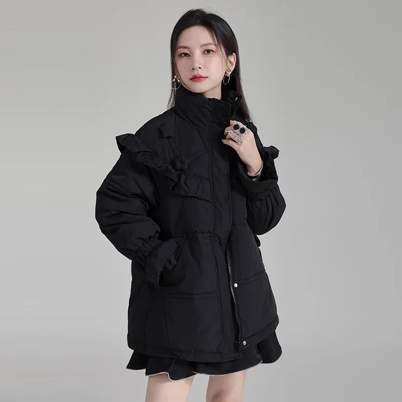 Wooden Ear Edge Down Jacket Women's Winter Stand Collar Flower Design Short Down Jacket