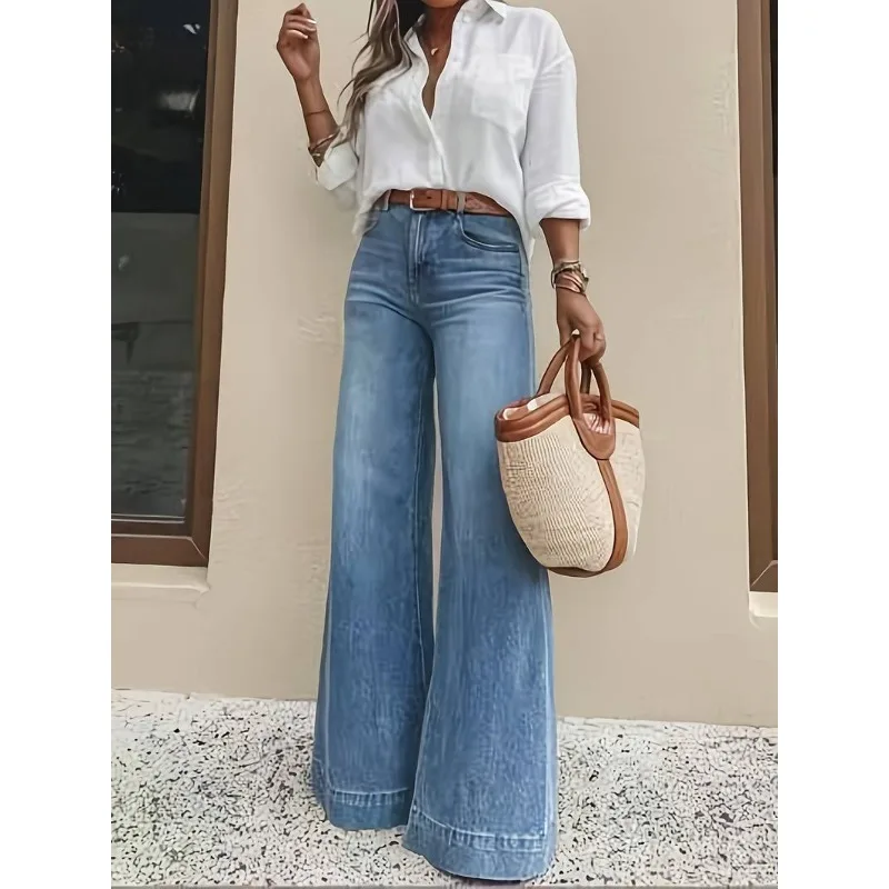 Jean large taille haute décontracté pour femme, style urbain bleu, coupe ample, en denim élastique, confortable, effet délavé 2026
