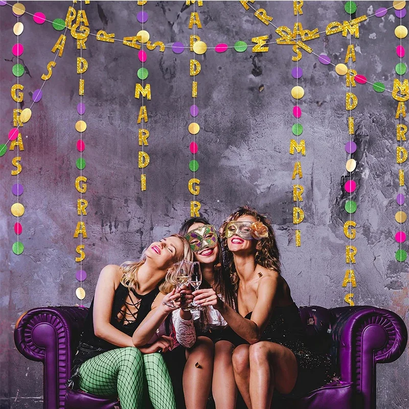 Viola Oro Verde Mardi Gras Party Fat Kinday Banner Decorazioni Puntini Di Carta Ghirlande Hanging Streamer Mardi Gras Party Supplies