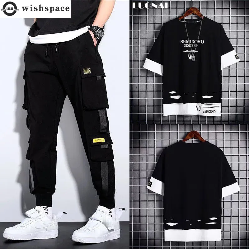 S-5XL 2022 Summer New Men's Pants Set with Holes T-shirt Pocket Casual Trousers Two-piece Set Student Tracksuits Clothing Suit