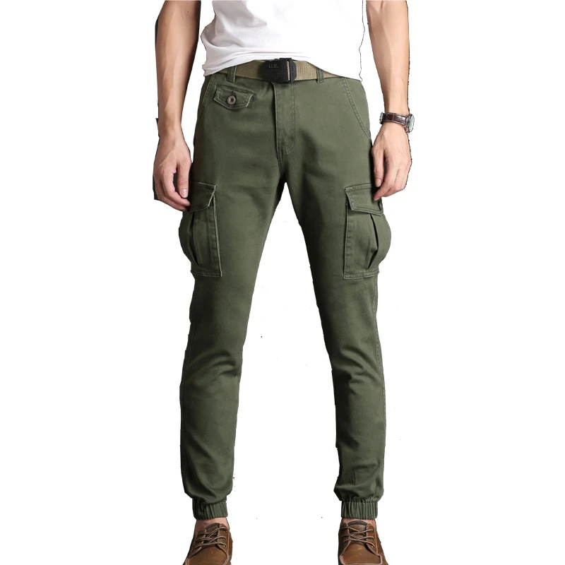 Pantalones Cargo ajustados para hombre, ropa de calle elástica, tejido hasta el tobillo, color caqui y negro, con Pantalones - AliExpress