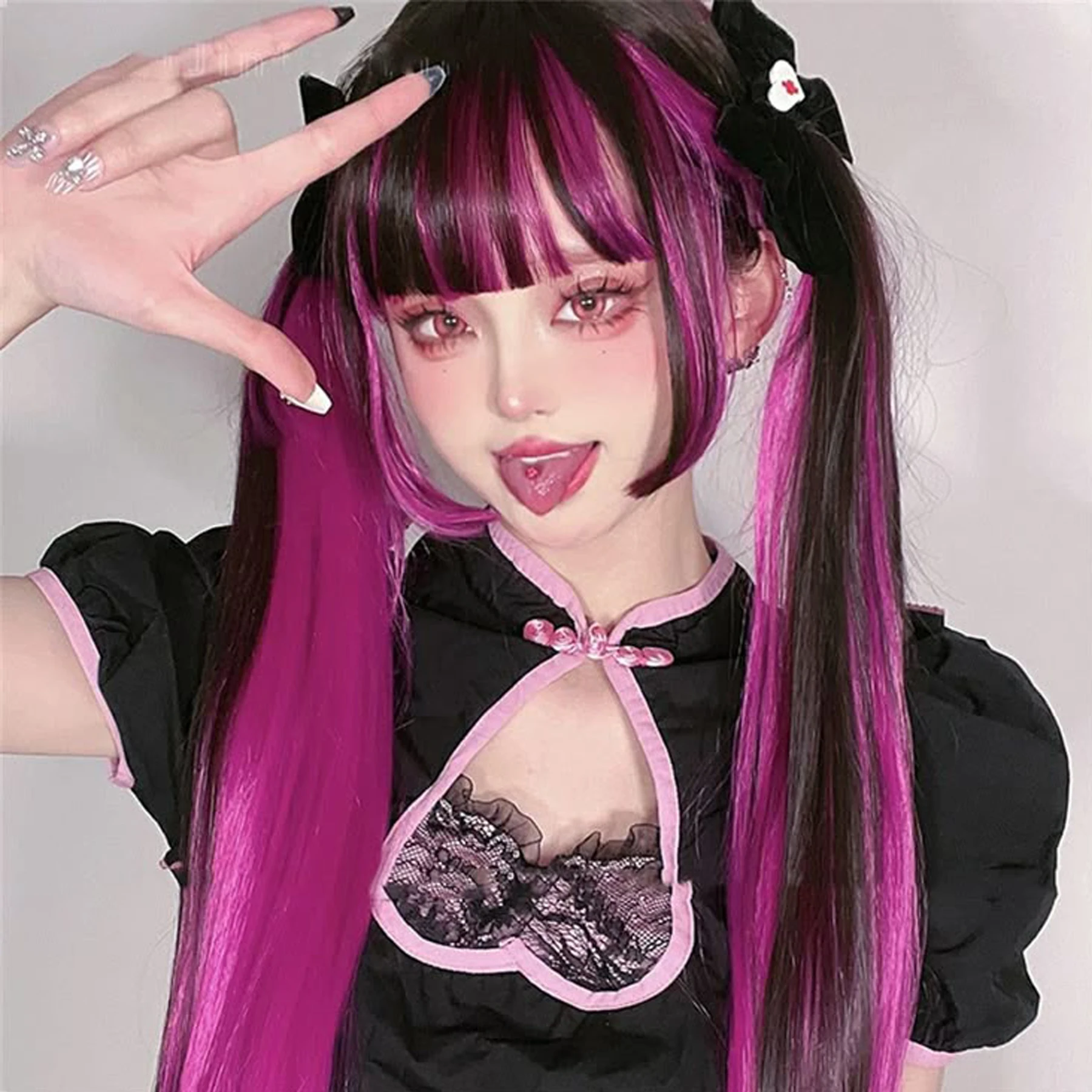 XIYUE Black And Rose Straight Hair Wig Synthetic Long Wavy Wigs with Bangs for Women Cosplay Natural High Temperature Fiber