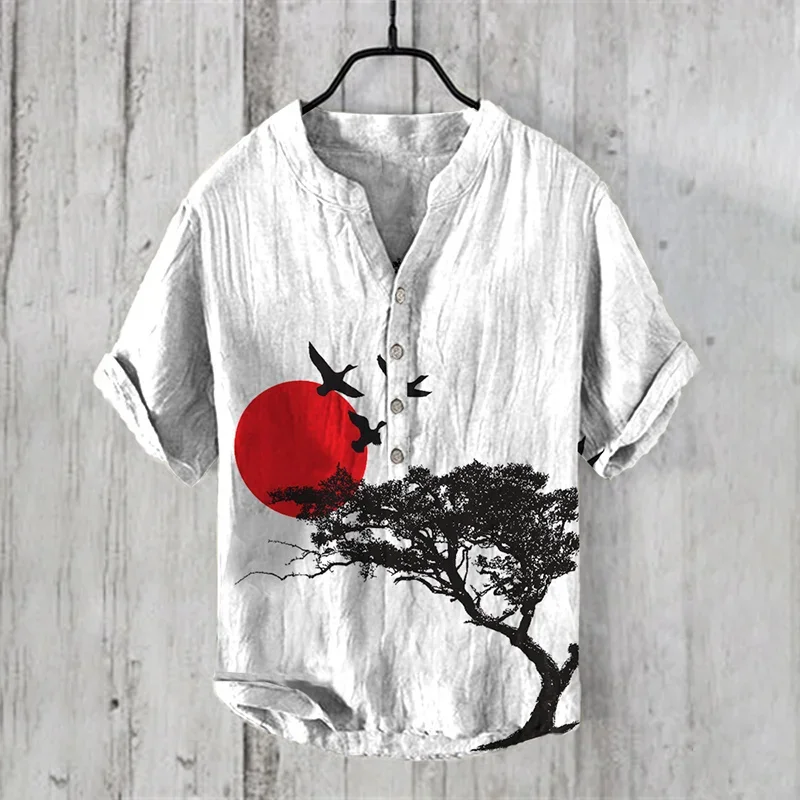 Standing collar 3D digital thermal dragon shirt landscape picture men standing collar short sleeved shirt