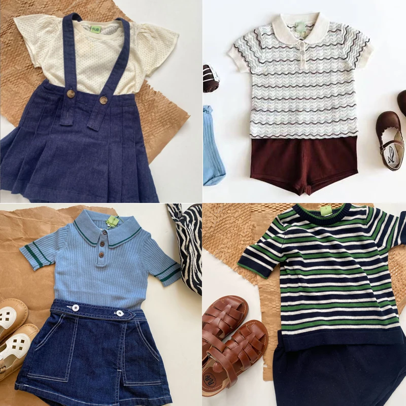 

Fub 2023 New Summer Kids Tees and Shorts Clothes Sets for Girls Cute Stripe Knit Breathe T Shirts Baby Child Cotton Outwear Tops