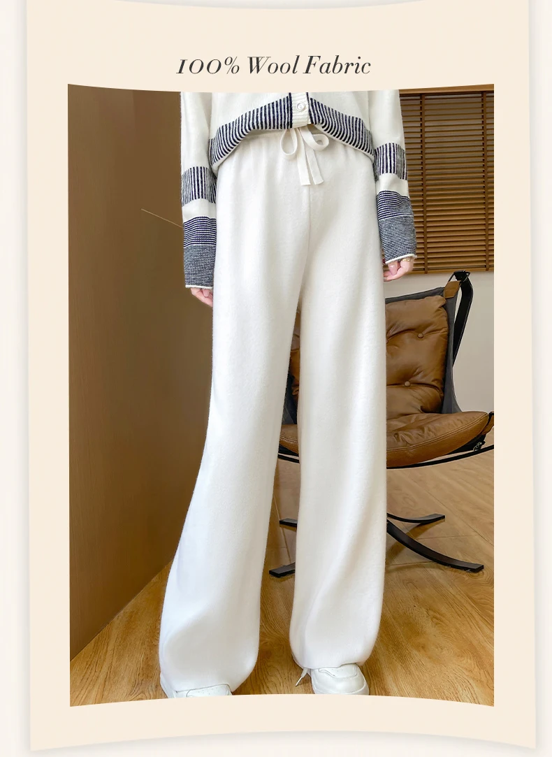 سراويل نسائية صوف مستقيمة للخريف والشتاء بخصر مطاطي 100% صوف ميرينو محبوك بجيوب صلبة سراويل كلاسيكية للمكتب للسيدات