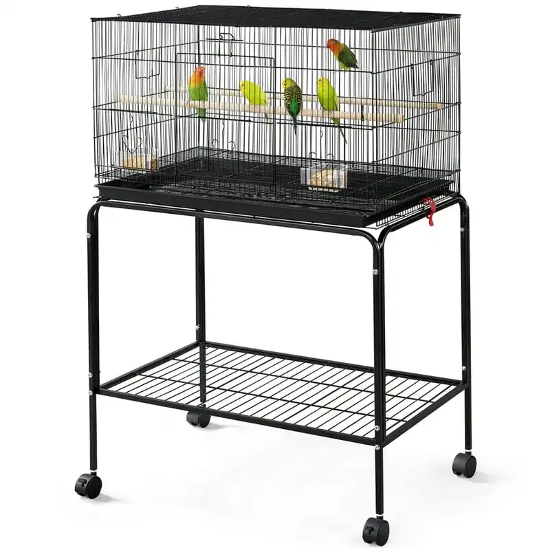 

47"H Rolling Stand Flight Metal Bird Cage with Slide-Out Tray for Small Birds, Black