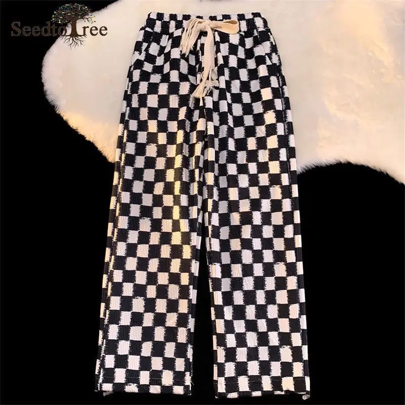 

Plaid Men's Casual Pants Elastic Waist Straight Leg Drawstring Sweatpants Fashion Unisex Harem Pants