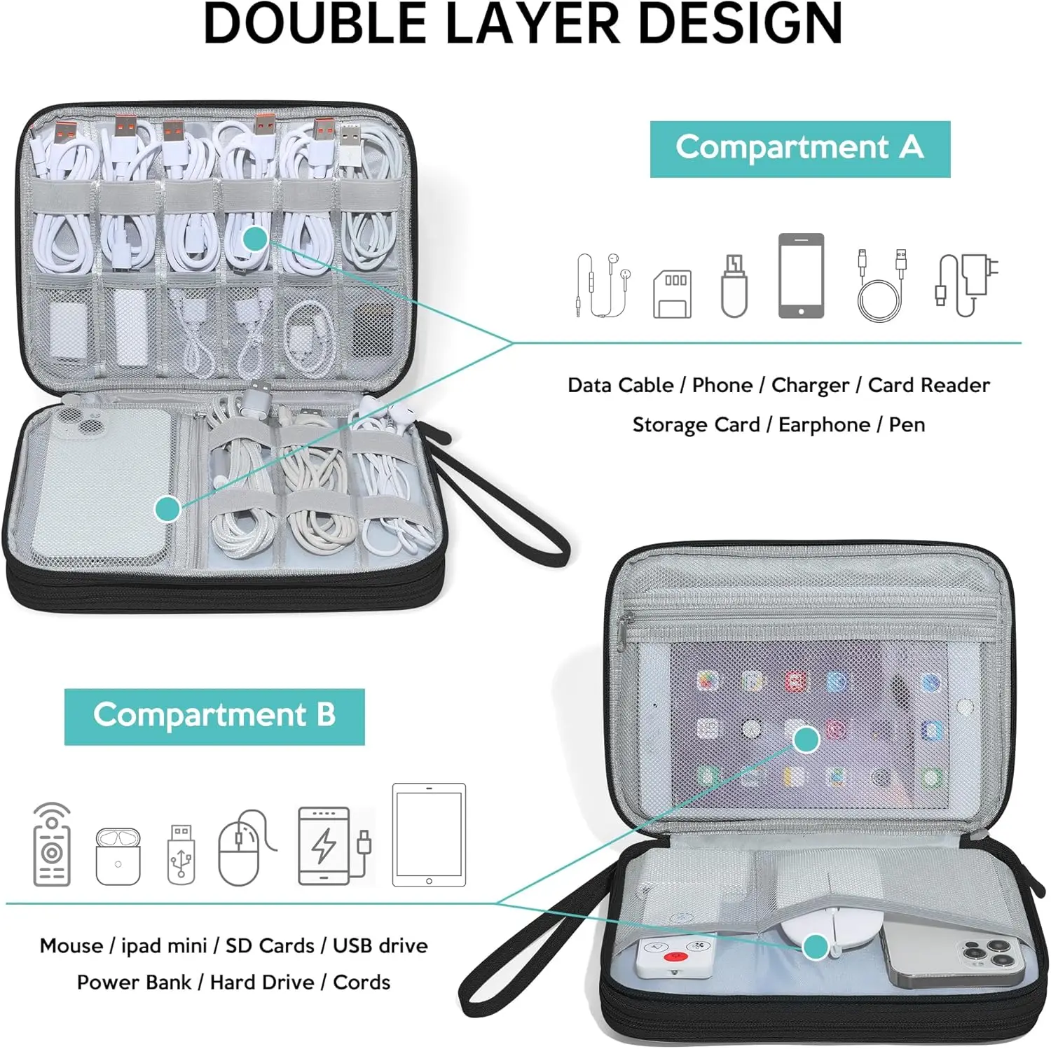 CILLA Organizer Travel, Travel Cord Organizer Case, Accessories Bag for Cable, Cord, Charger, Phone