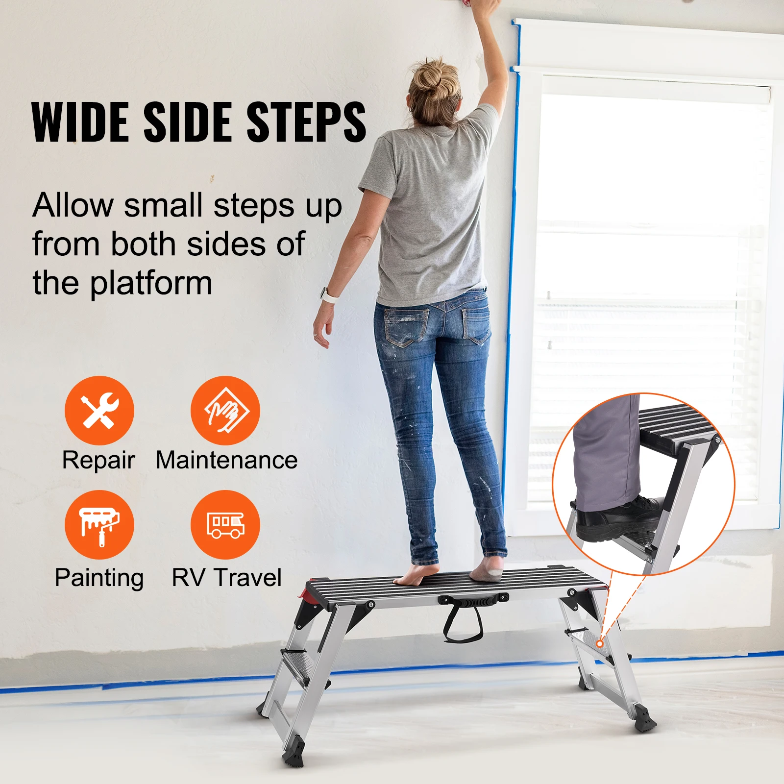 VEVOR Folding Work Platform 660 lbs Load Capacity Aluminum Drywall Stool Ladder Bench w/ Non-Slip Feet for Washing Vehicles