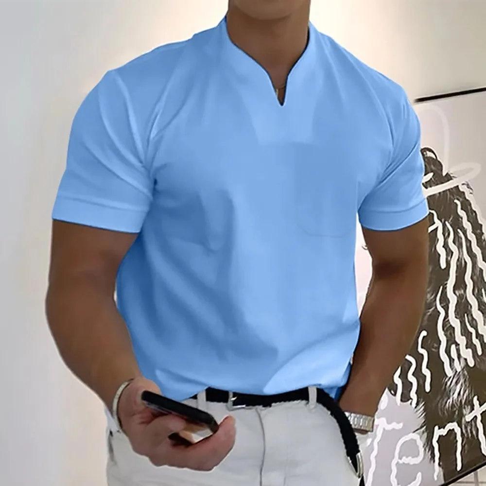

Casual V-Neck Solid Tees Men Shirts Short Sleeve Pullover Summer Trendy Shirts Oversized Tops Men Clothes Streetwear
