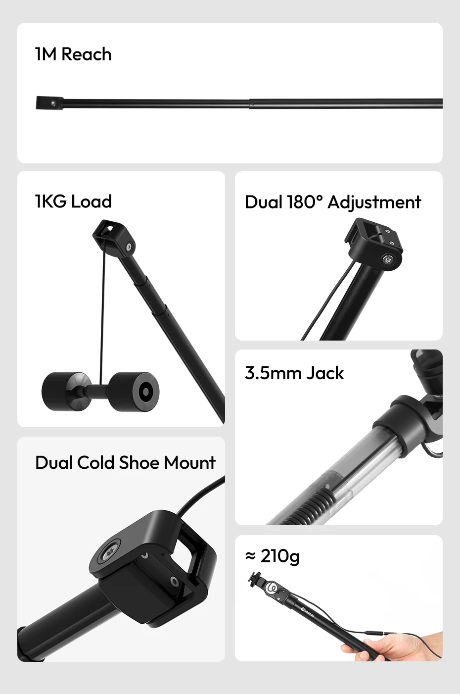Mic Boom Pole Arm Microphone Stand 1M with Dual Cold Shoe Mount for DSLR Camcord