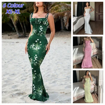 Y2K Floral Print Sleeveless Backless Slips Lace Up Maxi Dress Sexy Bodycon Summer Elegant Outfits Holiday Party Vacation Dresses