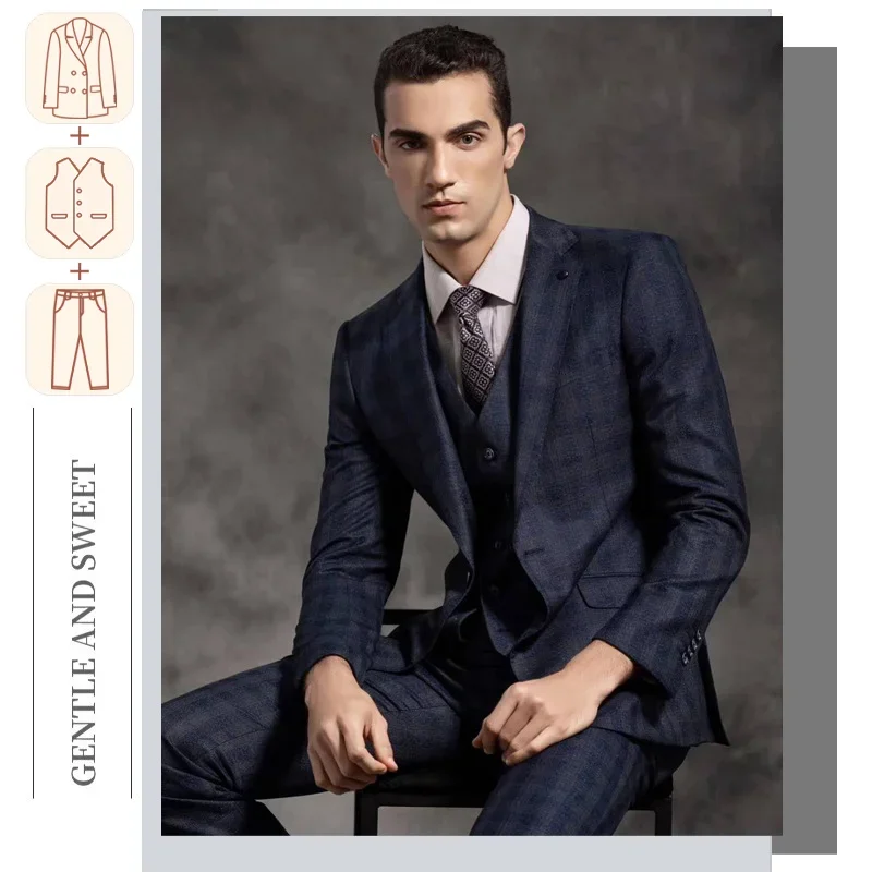 

(Customized Sizes) Premium Suit British Plaid High-end Business Formal Dress Suit for Men's Slim-fit Groom Wedding Attire