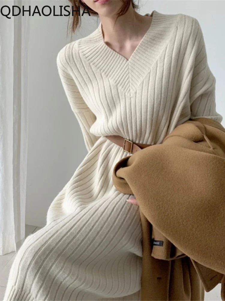 

Женский свитер осень-зима корейский элегантный стиль повседневное Свободное платье с V-образным вырезом средней длины трикотажный свитер женское платье