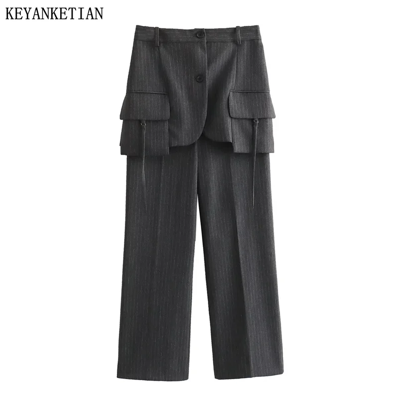 

Осенние новые женские брюки KEYANKETIAN с имитацией двух частей в стиле пэчворк, жаккардовые брюки, модные Шикарные Длинные брюки на молнии с накладными карманами