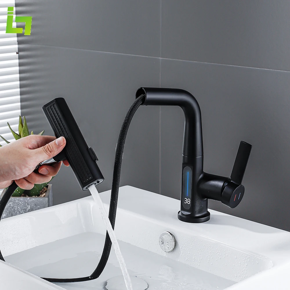 

Temperature Display Black Basin Faucet 360 ° Rotation Waterfall Cold and Hot Deck Mounted Pull Out Bathroom Sink Tap