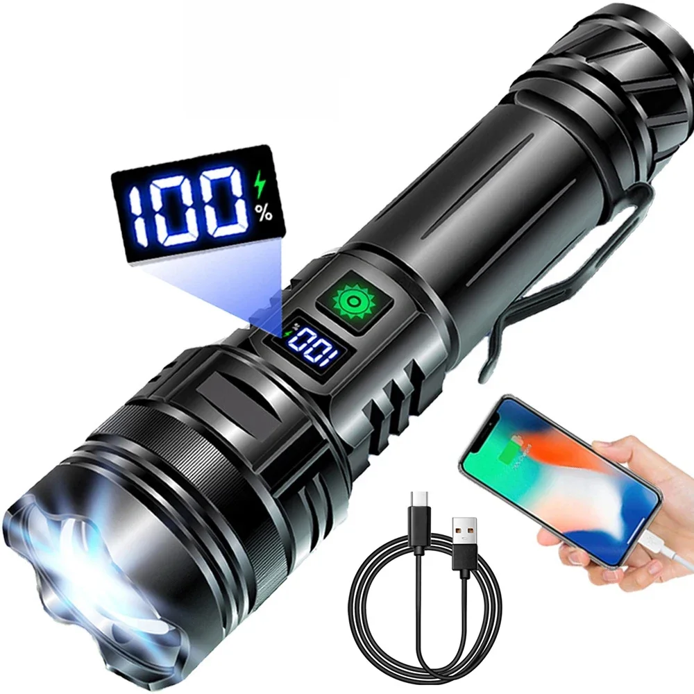 

LED Flashlight High Power 30W Waterproof Zoom Torch with Power Display Screen Spotlight USB Rechargeable 26650 Camping Lantern