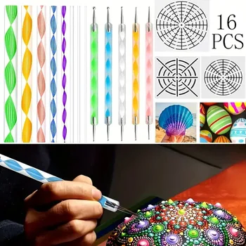 Kit d'art Mandala avec outils de pointage, bâtons et modèles acryliques pour bricolage, peinture rupestre, projets d'art, outil de peinture à la poterie, 16 pièces par ensemble 1