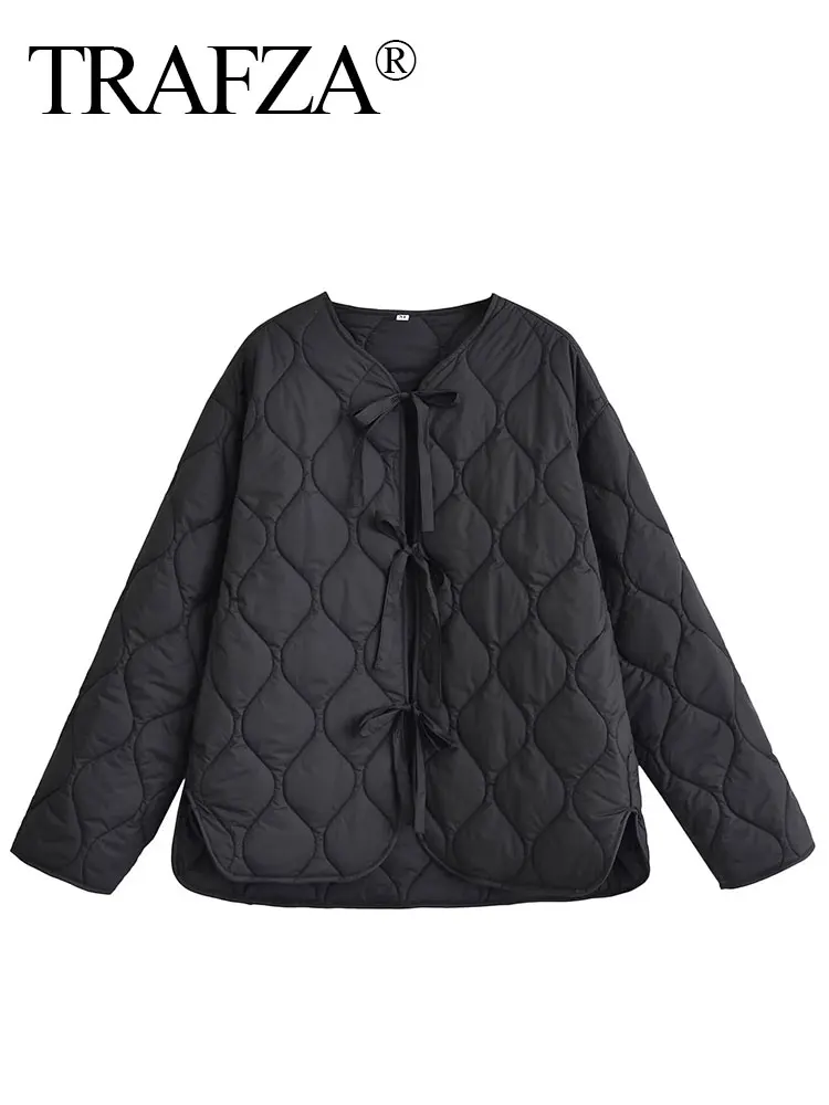 HH Autumn Jacket For Women 2024 New Fashion Bow Lace Up Cropped Coat Long Sleeve Quilted Jacket Woman Solid Casual Outerwear