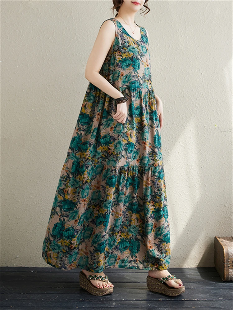 Cotton Vintage Casual Sleeveless Green Print Dresses For Women 2025 New Summer Dress Femme Robe Vestidos Elegant Long Clothing