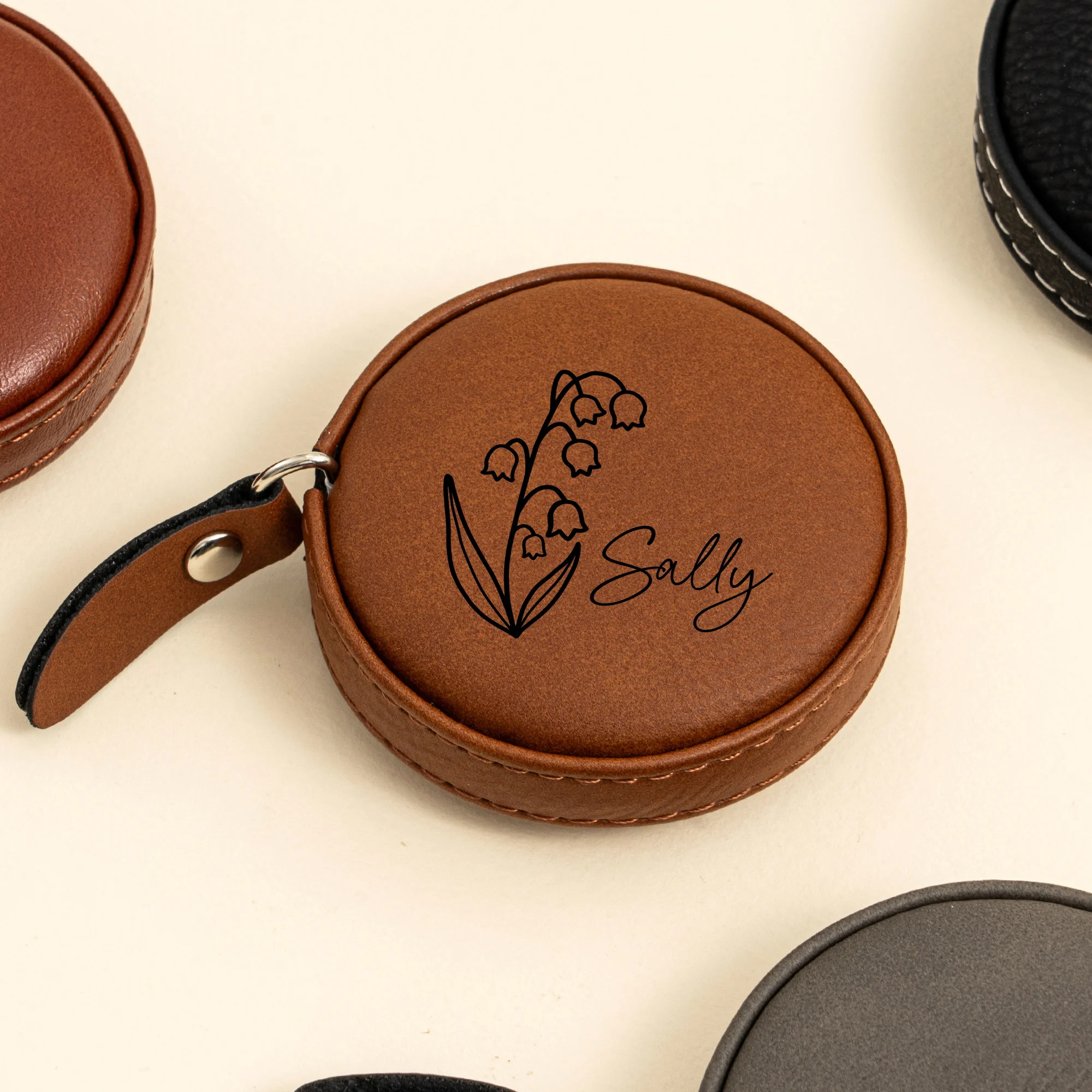 개인 맞춤형 포켓 줄자(탄생월 꽃 포함), 이름이 새겨진 휴대용 줄자, 가죽 줄자, 바느질 선물