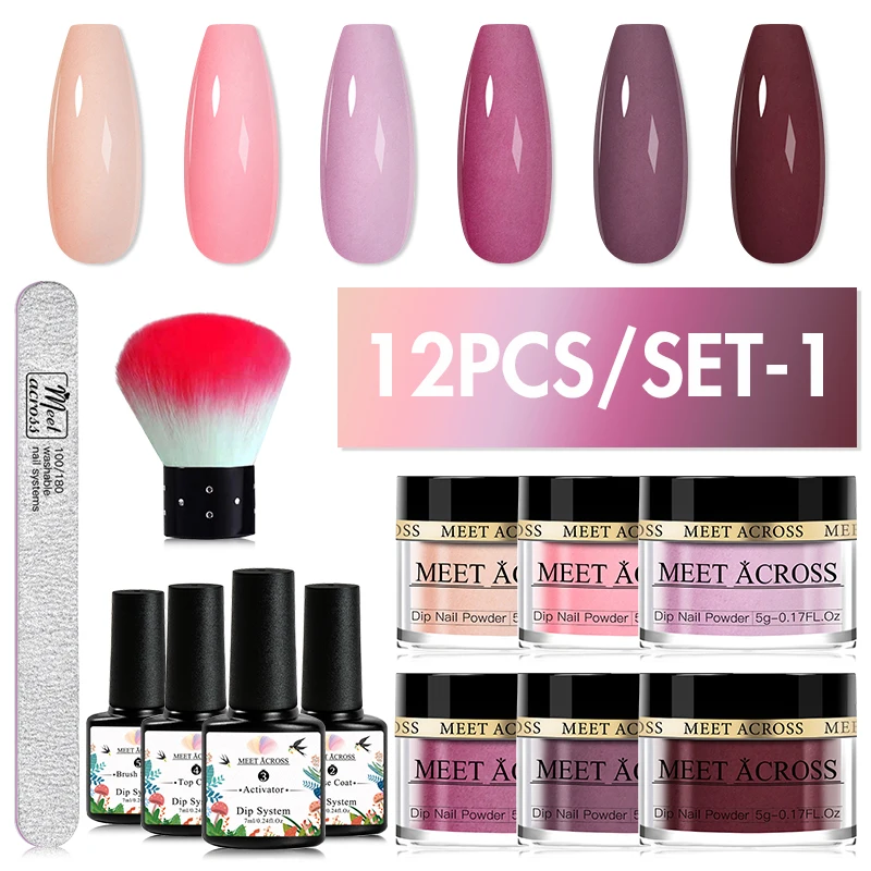 MEET ACROSS 12Pcs/Set Crystal Nude Pink Dipping Nail Powder Set No Need Lamp Nail Art Dipping Powder System Gel Polish Kit