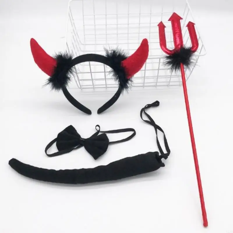 Y5JD Halloween Devil Costumes Set Tail Bowtie Devil Horn Headband Red Pitchforks Tail